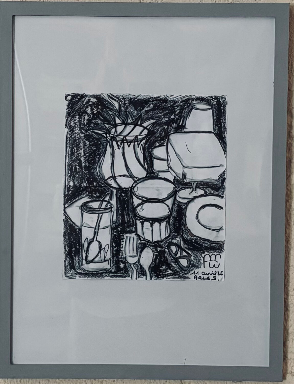 Still life in ink and oil pastel