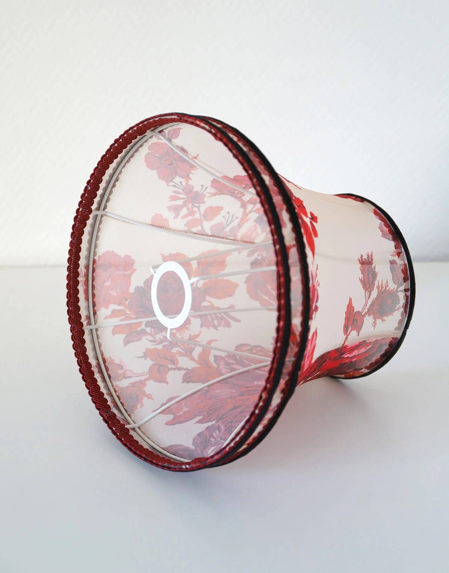 Recycled vintage lamp — burgundy ceramic base, floral voile shade