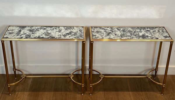 Paire de bouts de canapé en laiton et miroirs antiques de la maison Baguès