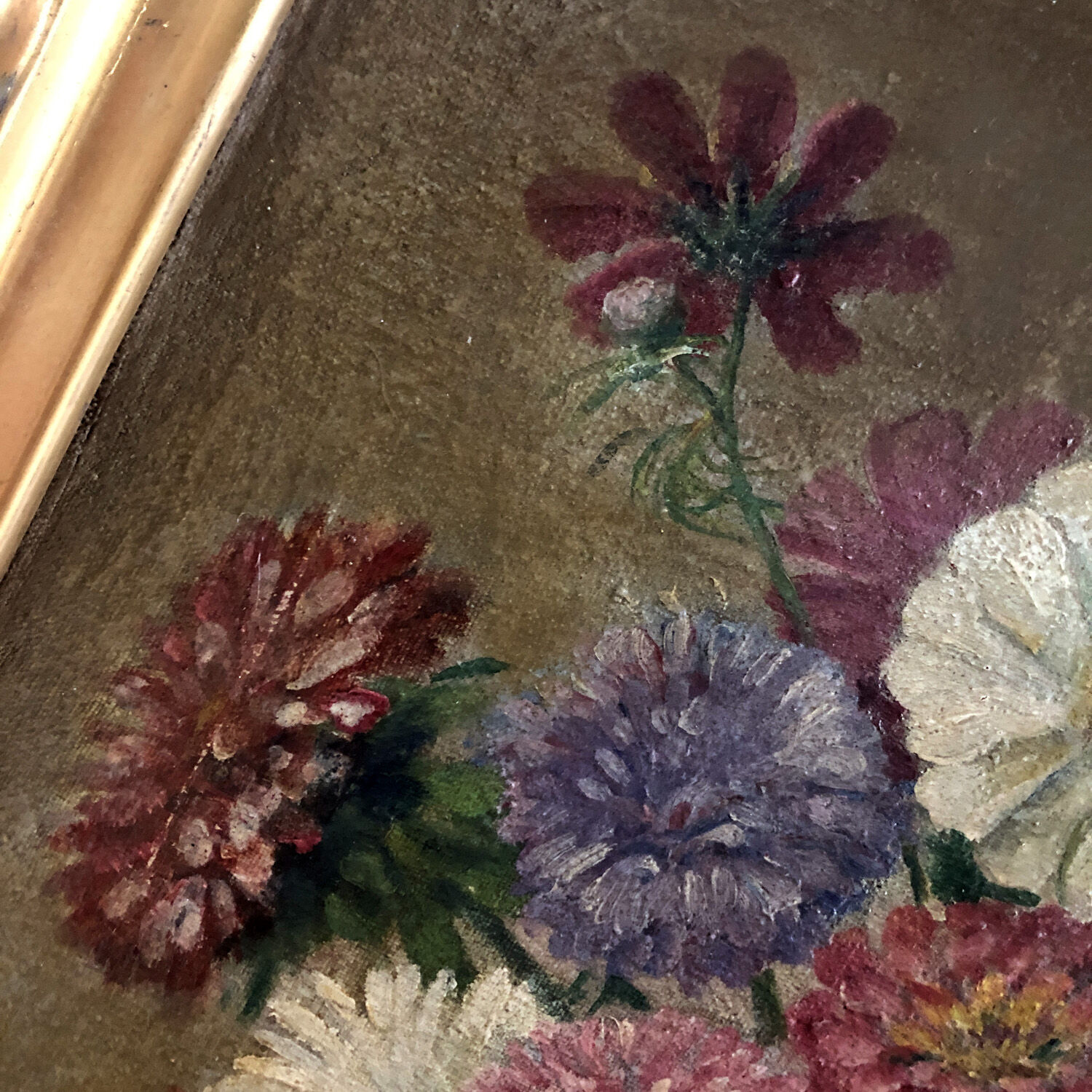 Tableau nature morte années 30 "fleurs et pommes"