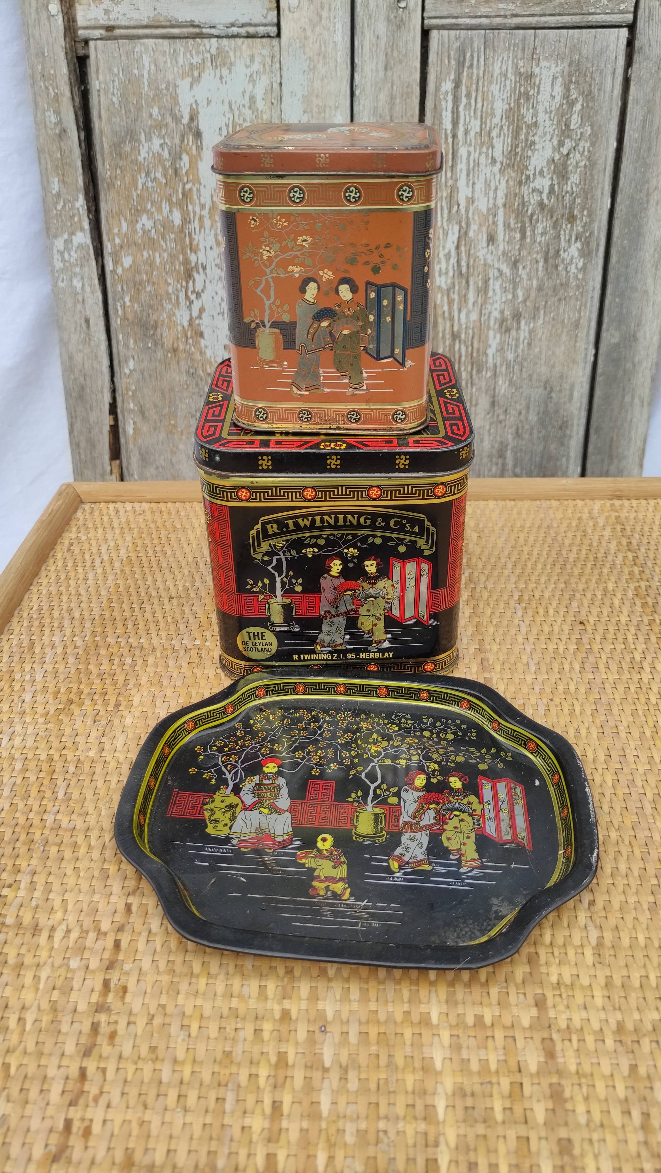 Vintage white metal tea boxes