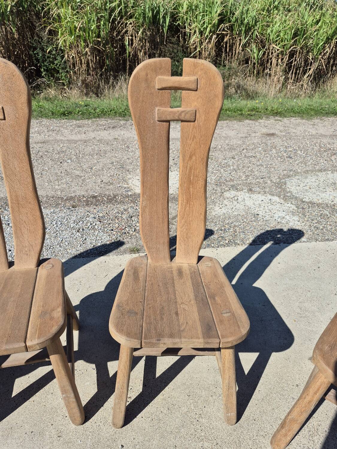 Set 4 vintage brutalist dining chairs De Puydt Belgium solid oak