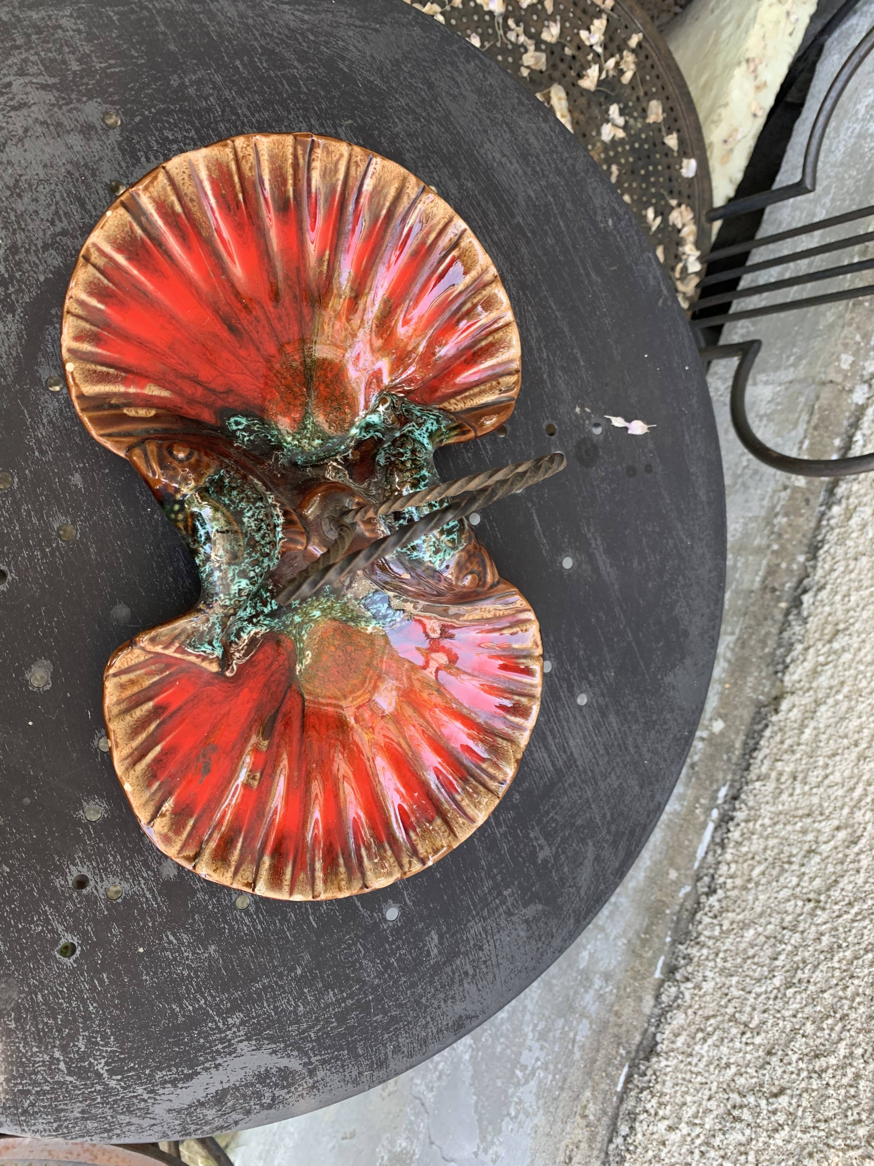 Servant in the shape of an enamelled ceramic shell and forged iron in vintage Vallauris style