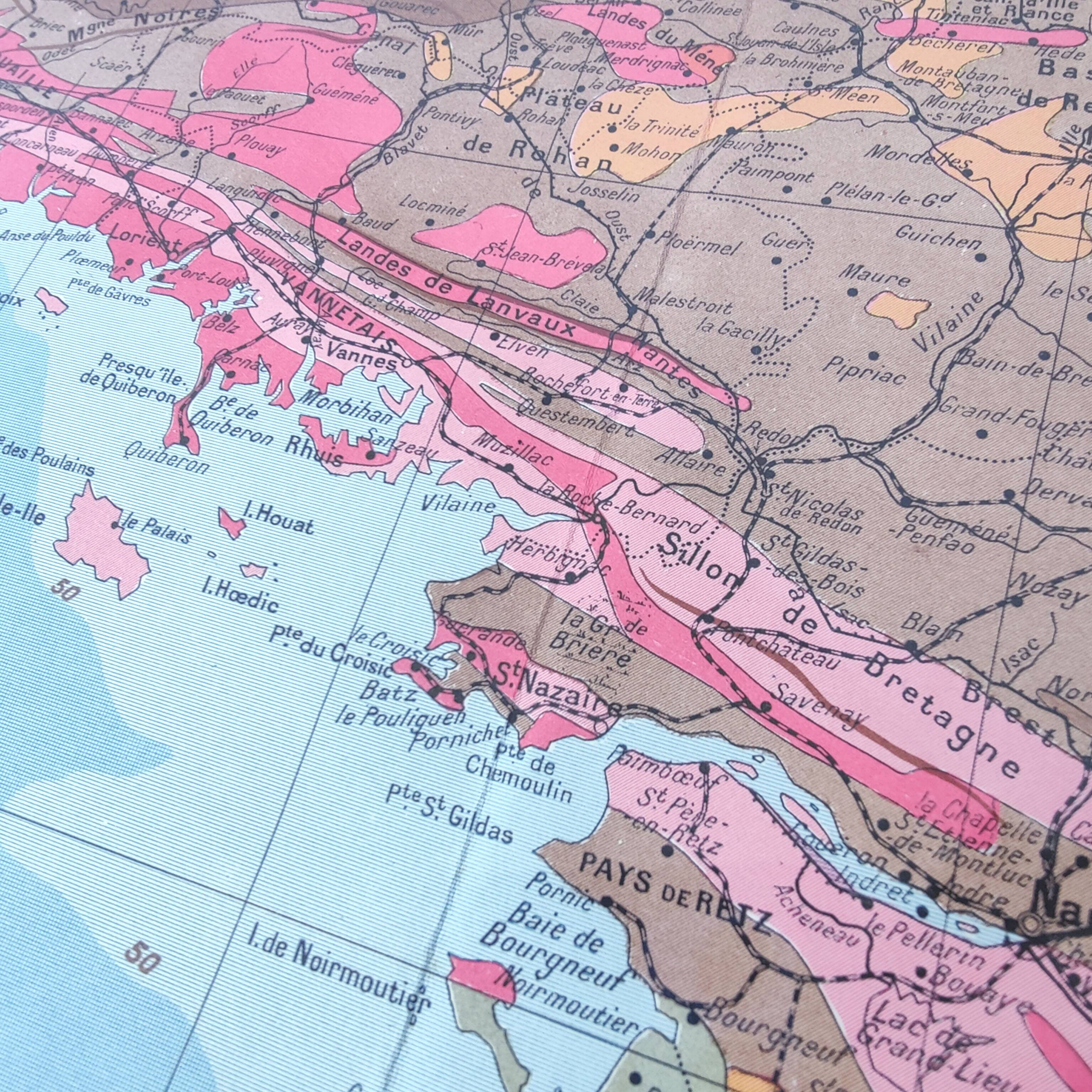 Brittany and Loire estuary map 43x43cm vintage from 1950