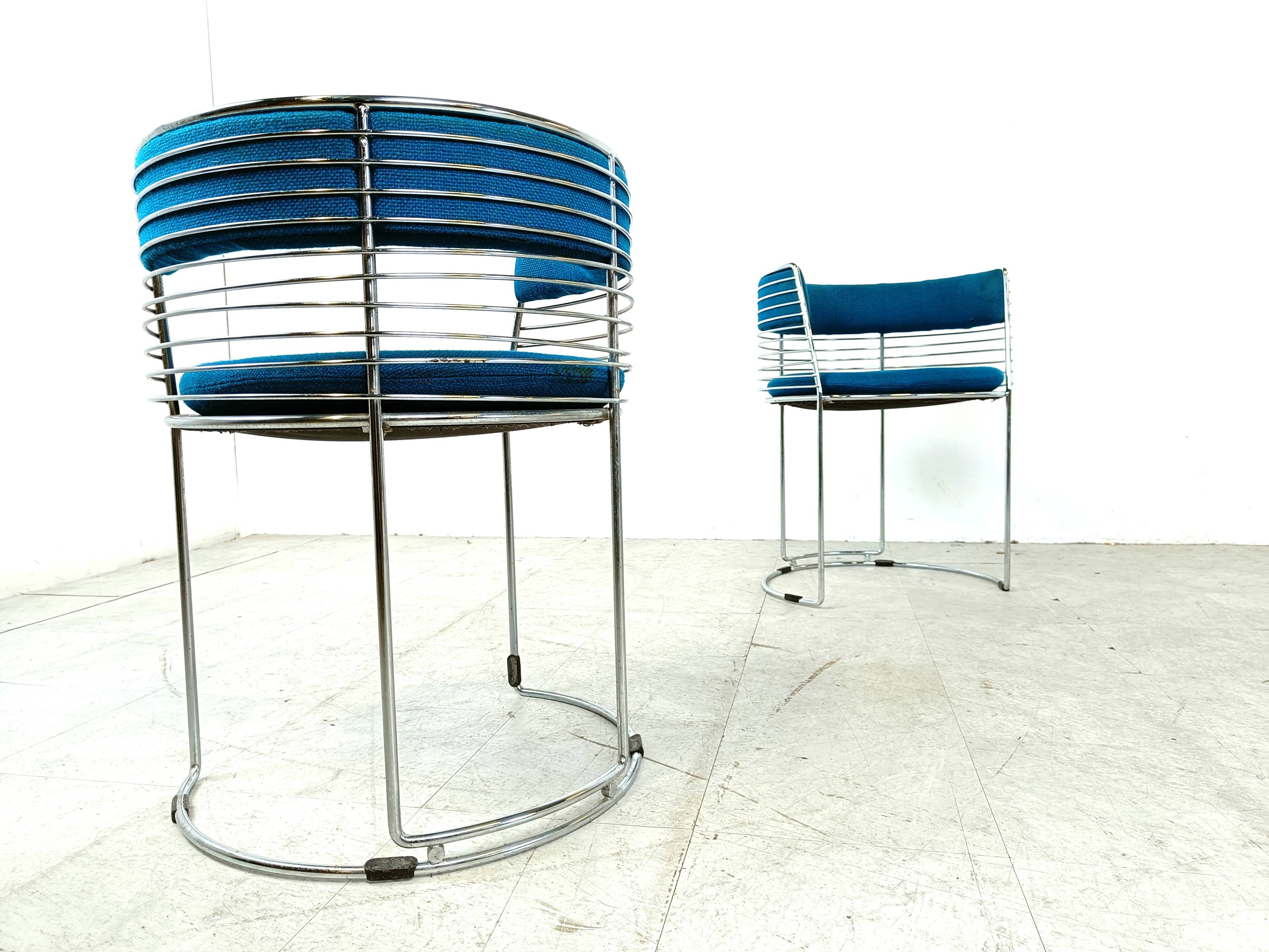 Set of 6 chrome wire and blue fabric dining chairs, 1970s
