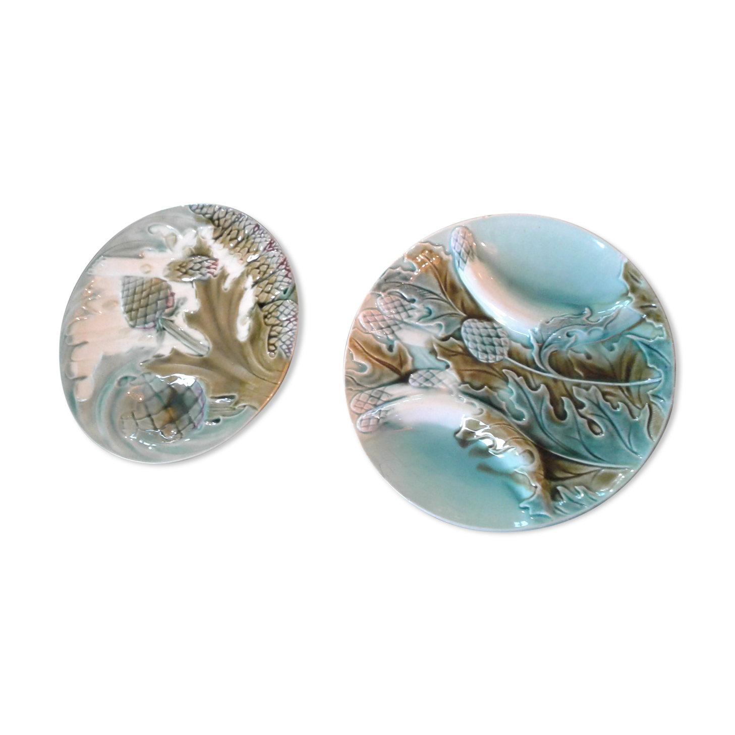 2 plates with asparagus / artichaud Barbotine 19th