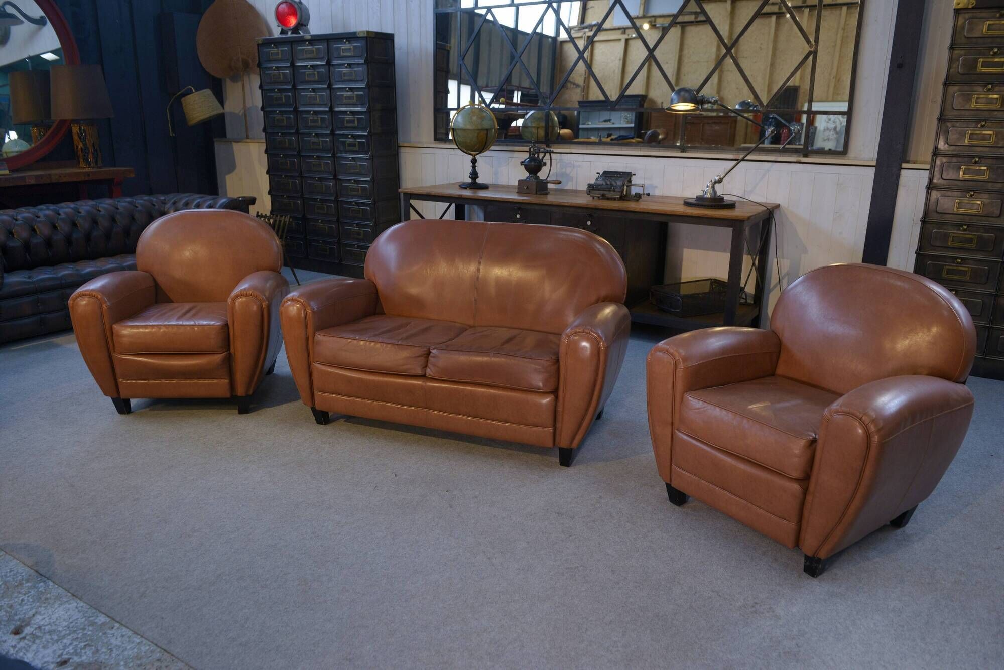 Camel 1980s 2-seater sofa and 2 club armchairs set in faux leather