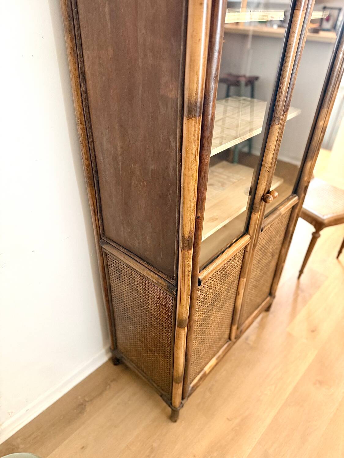 Glass cabinet in bamboo and cane