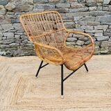 Rattan armchair and black metal base 1960