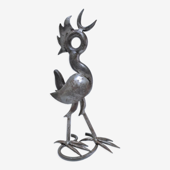 Sculptural rooster patinated steel design 70s signed CB H. 34 cm