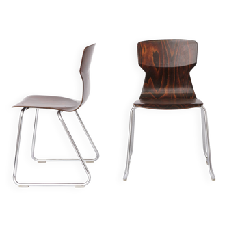 2 of 8 Vintage Casala Stackable Chairs, Germany 1970s, Plywood & Chrome
