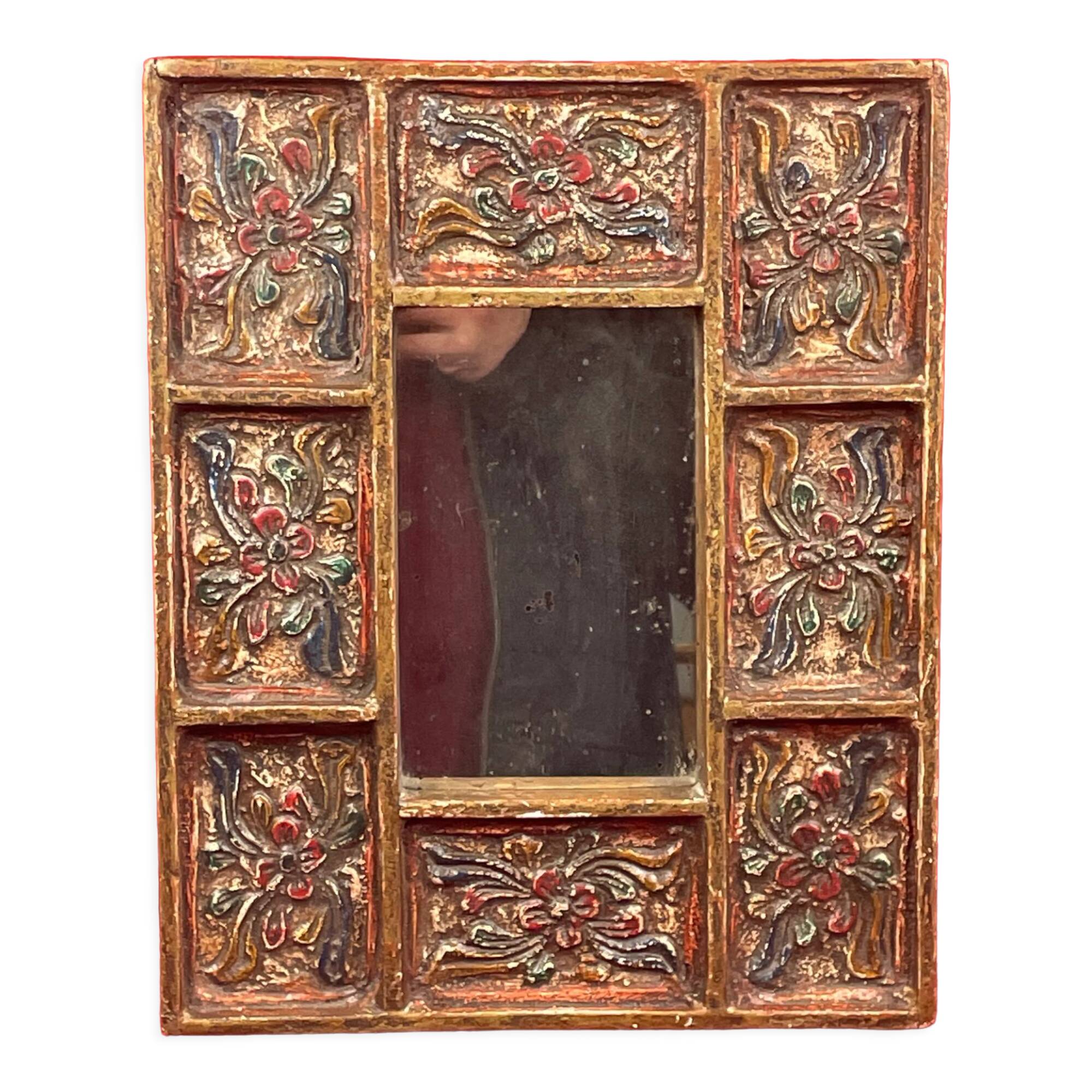 Vintage hand-painted mirror on carved wood, probably Peru, 20th century