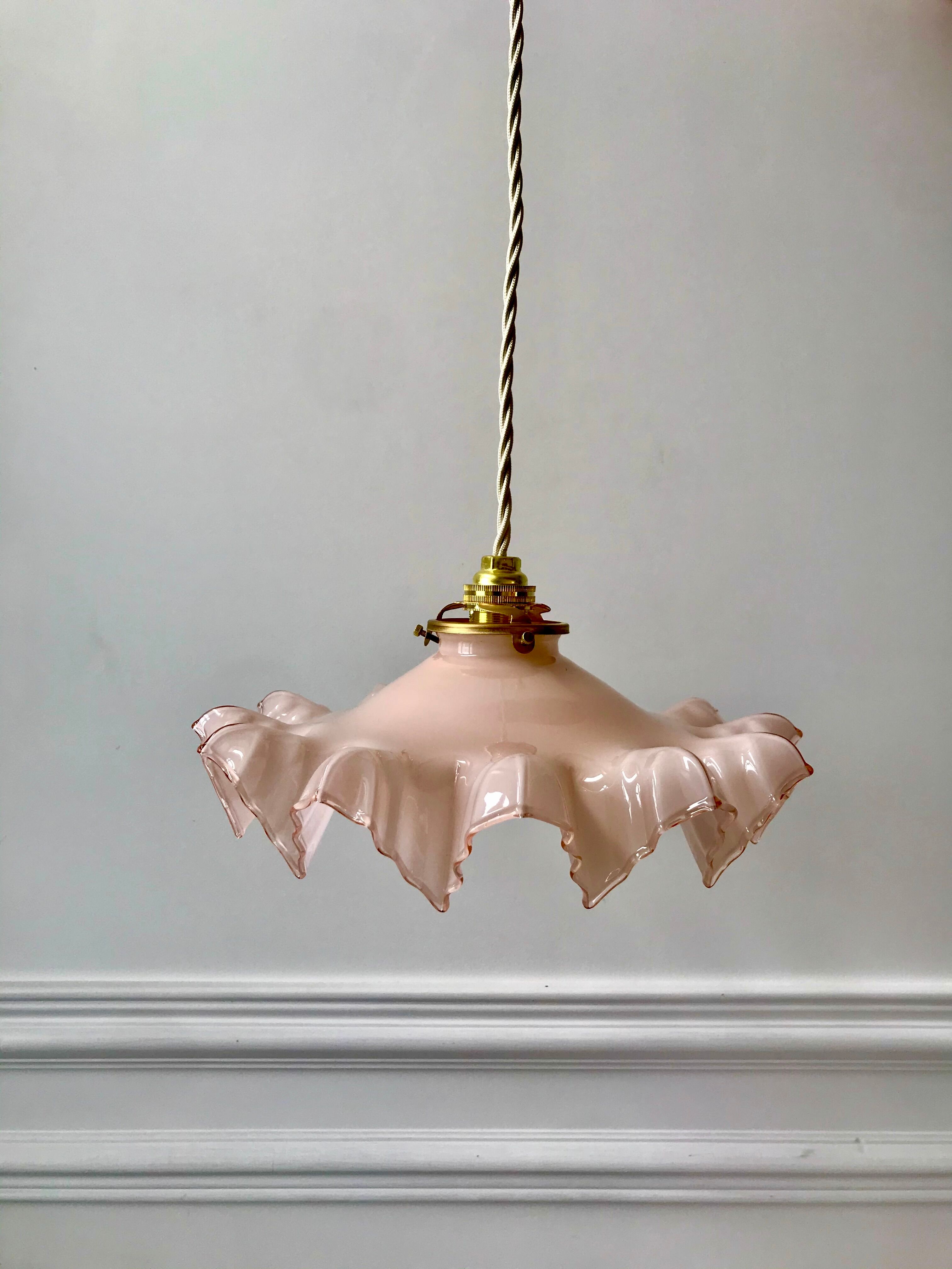 suspension in serrated opaline pleated pink early twentieth century
