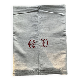 Old linen sheet hand embroidered red monogram