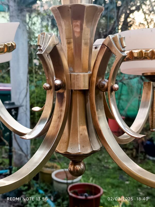 lustre art déco 4 feux bronze et opaline