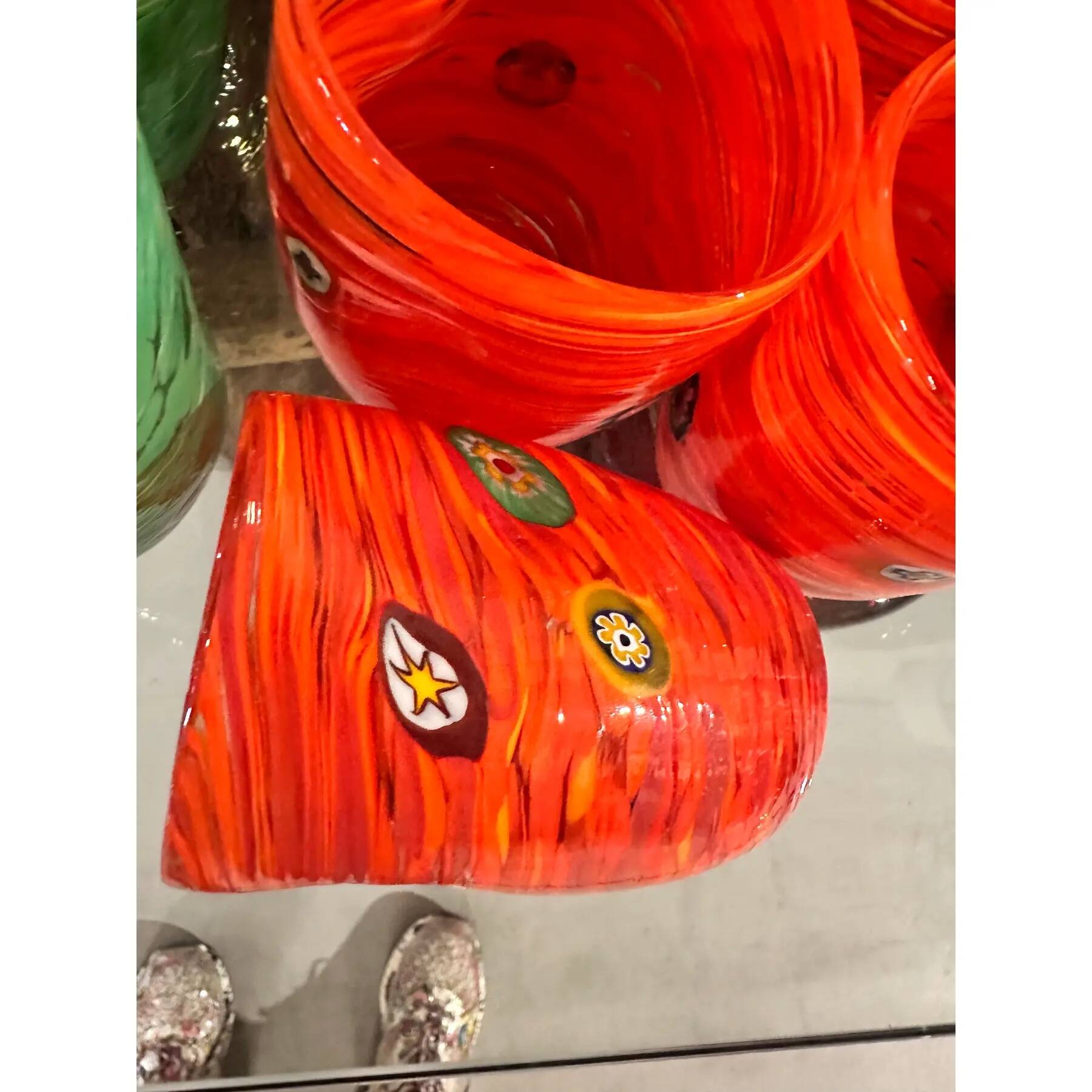 Contemporary Lively Amber Rods and Murrine Murano Glass – Set of 6