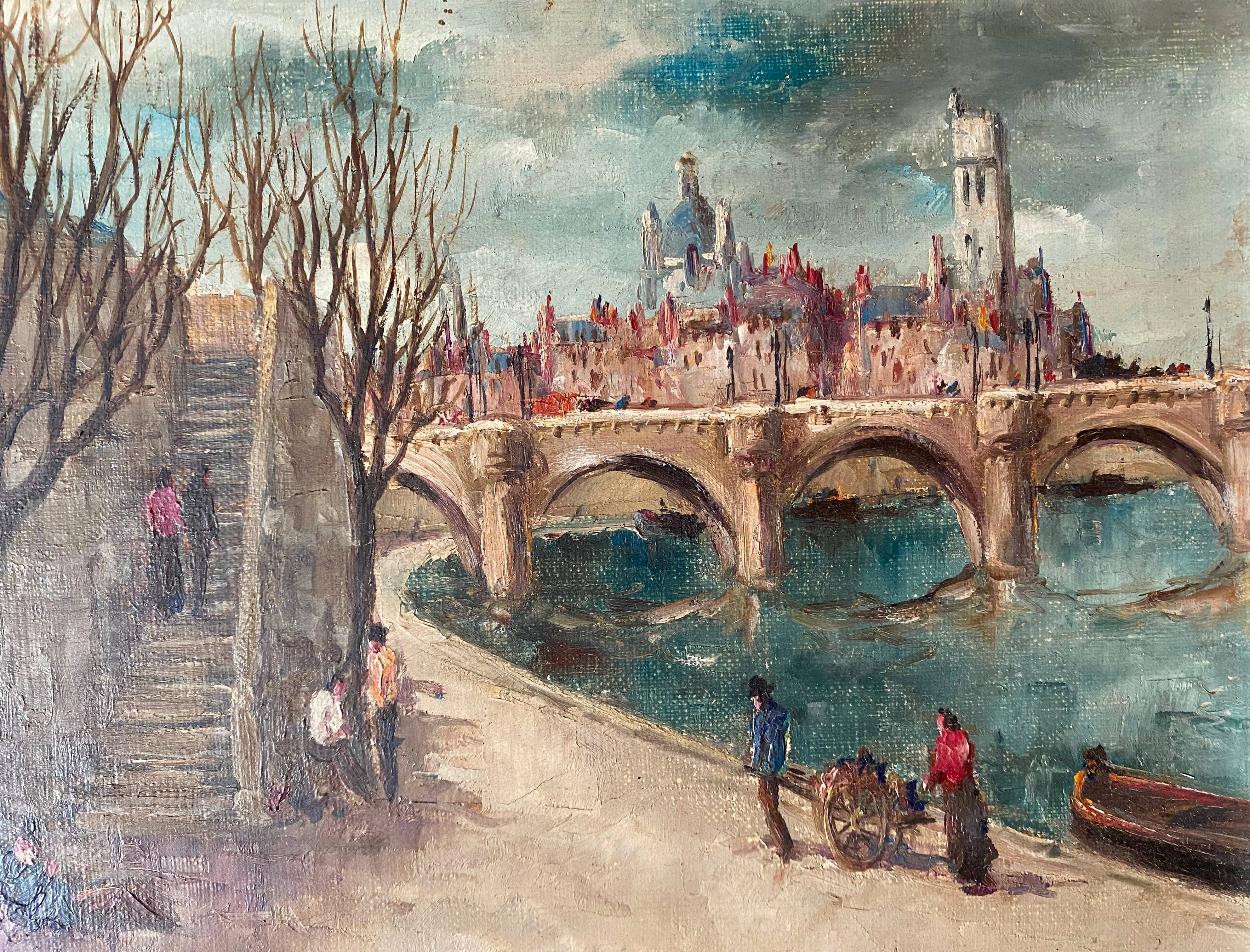 Tableau "Quai de Seine", Paris par Marcel Caradec (1901-1998) avec cadre
