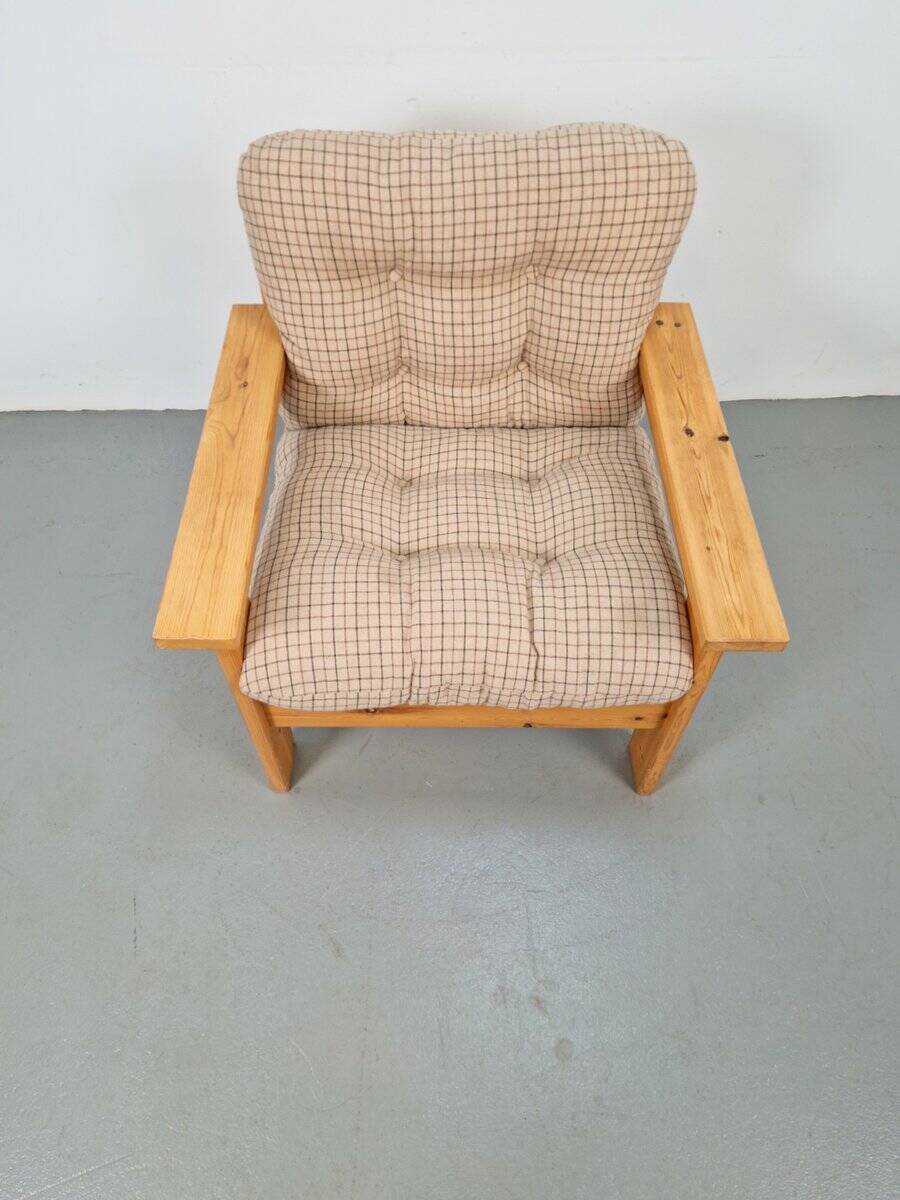 Vintage Brutalist Armchair in Pine and Fabric, 1970s