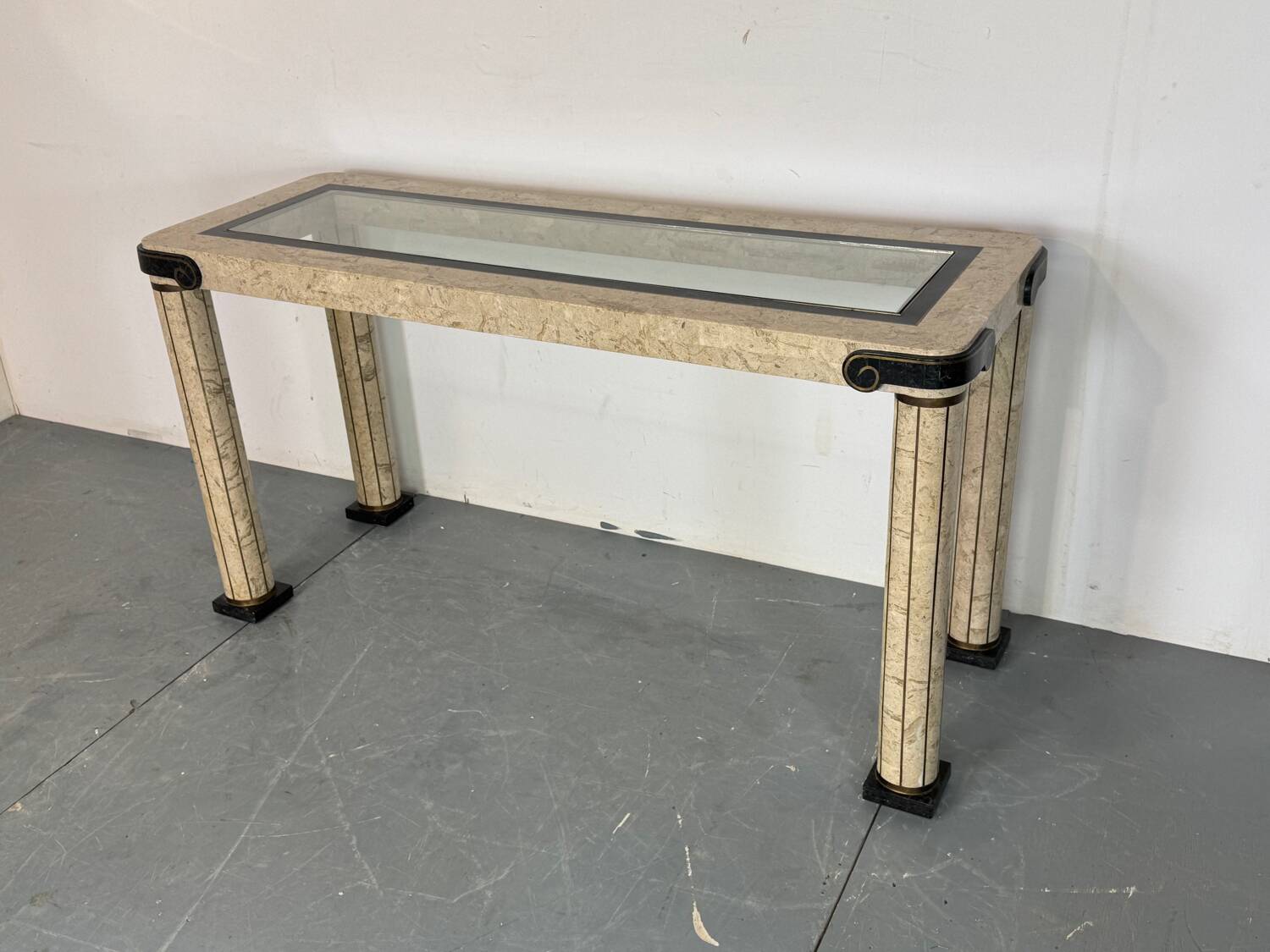 Console d'entrée vintage en travertin et laiton de style italien, années 1980