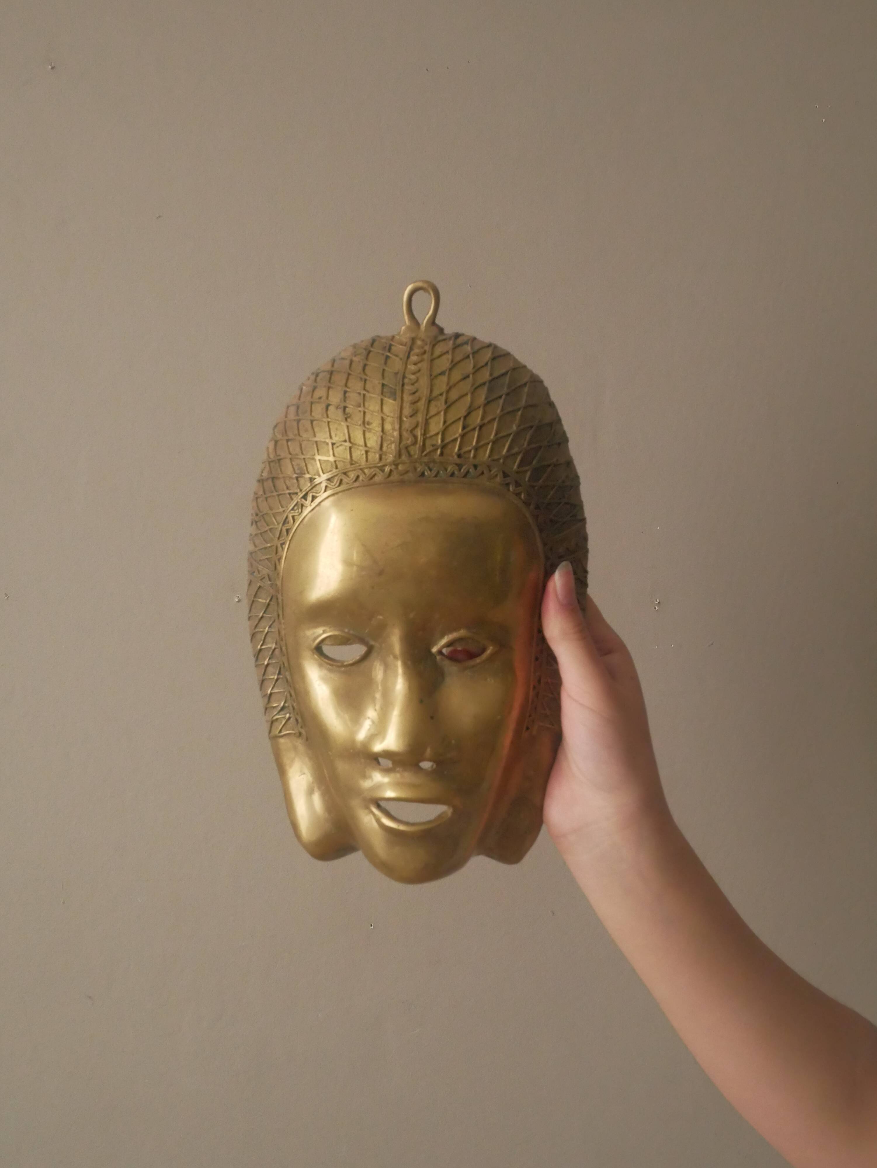 Brass mask wall sculpture ethnic decorative object Tribal art