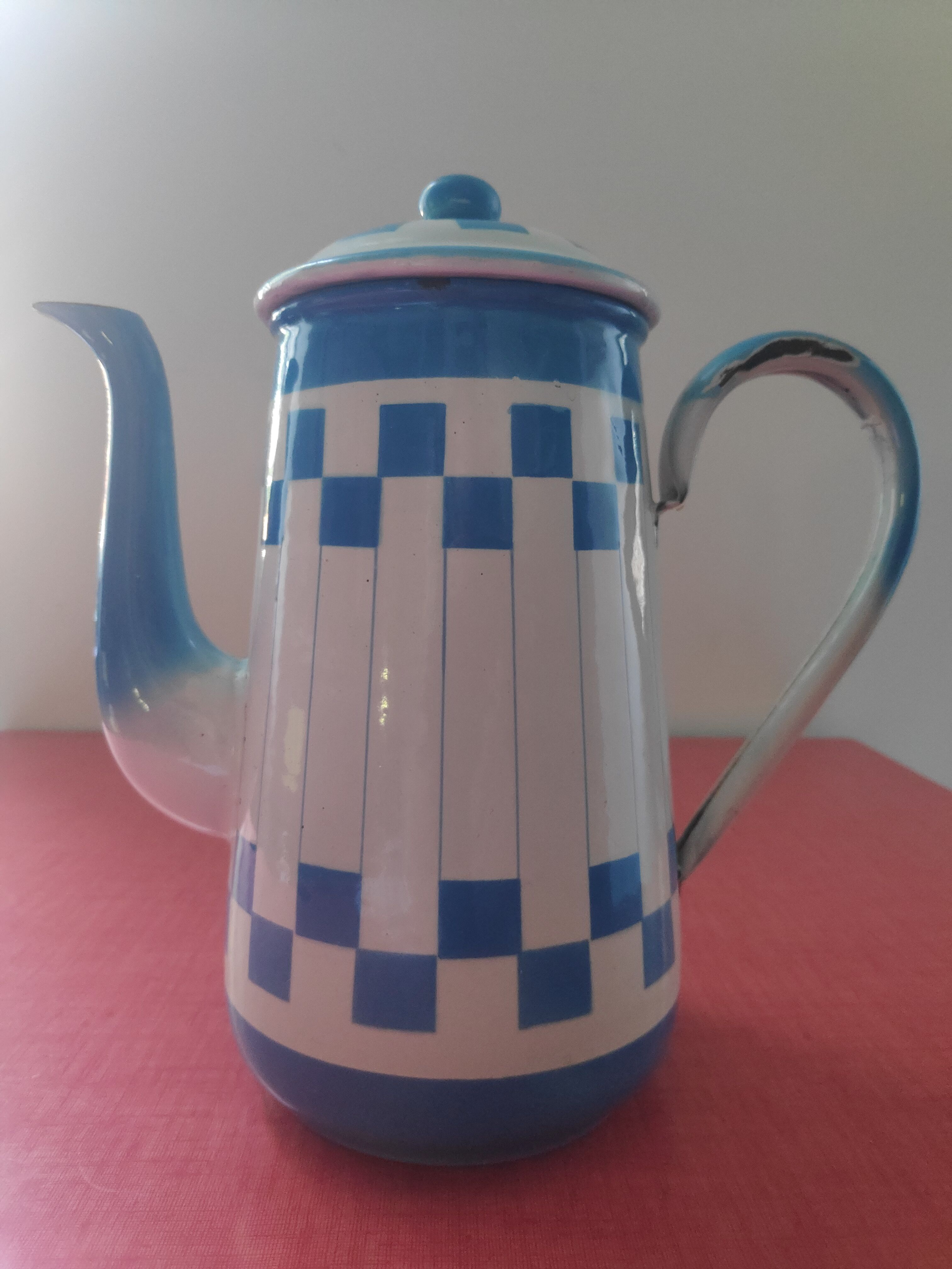 White enamelled sheet metal coffee maker with blue checkered Lustucru style stamped Duco