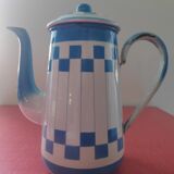 White enamelled sheet metal coffee maker with blue checkered Lustucru style stamped Duco