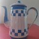 White enamelled sheet metal coffee maker with blue checkered Lustucru style stamped Duco