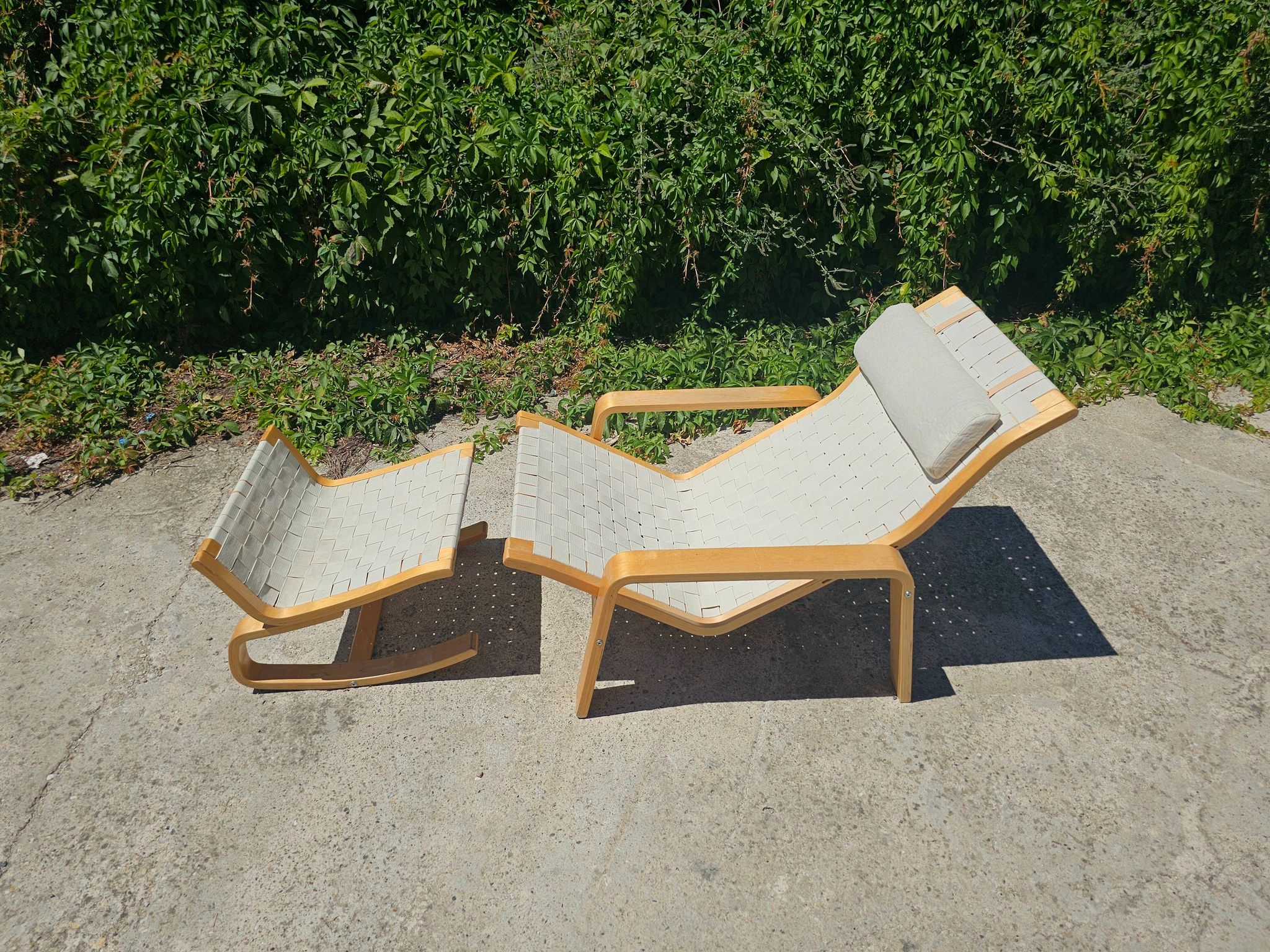 Pulkka lounge chair pair with ottoman by Ilmari Lappalainen for IKEA
