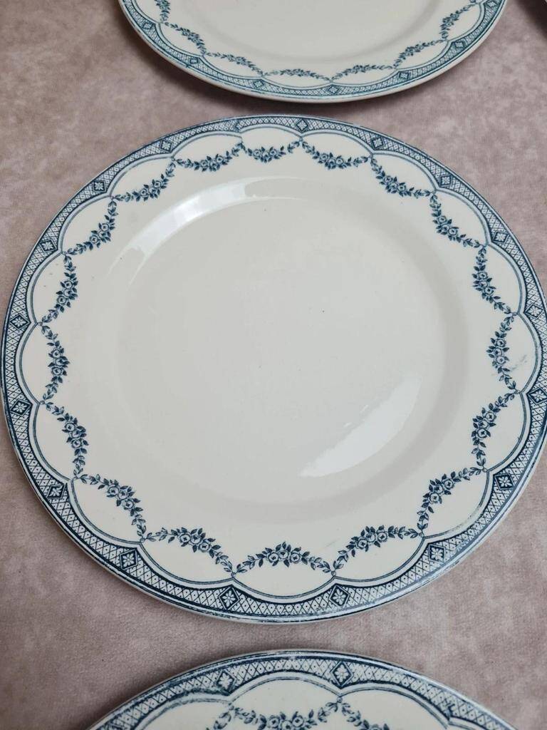 Set of 12 antique Salins "Petit Trianon" blue ironstone dinner plates.