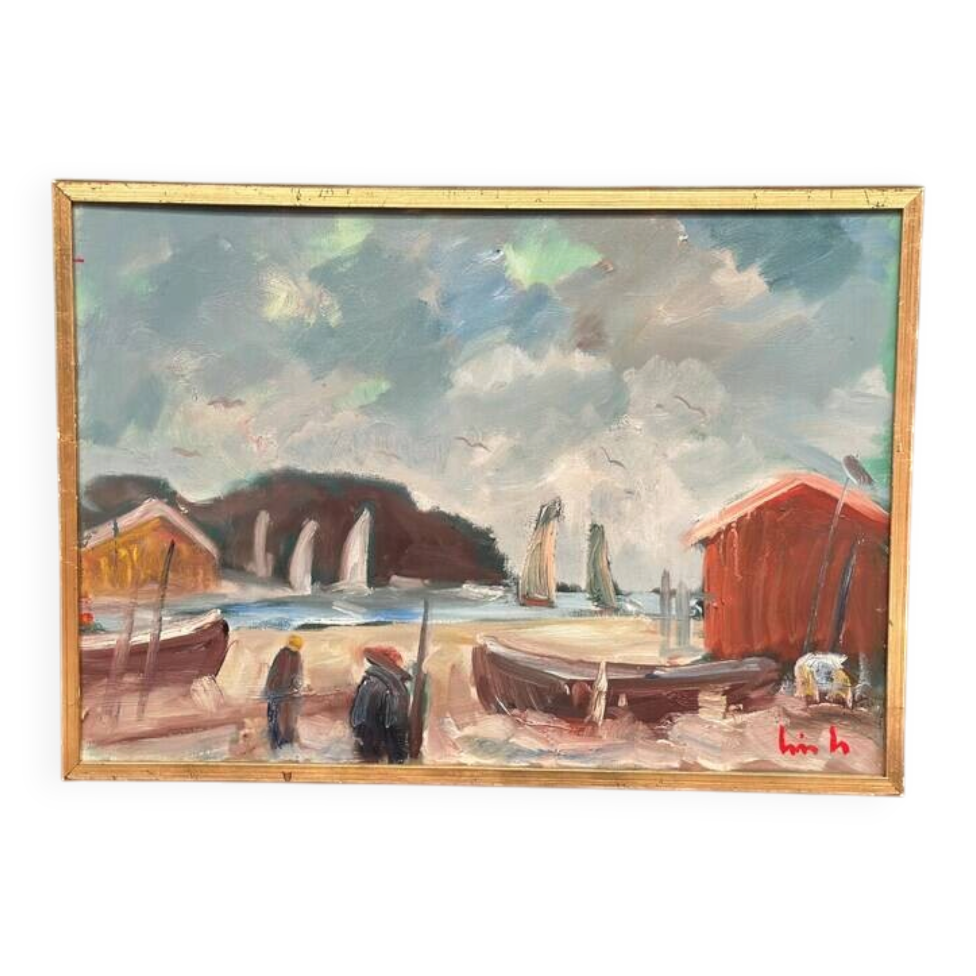 Original Swedish Oil on Canvas – “Coastal Village” by Eric Lo – Signed – Vintage & Framed