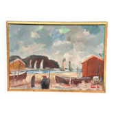 Huile sur toile originale suédoise – « Village côtier » par Eric Lo – Signé – Vintage et encadré
