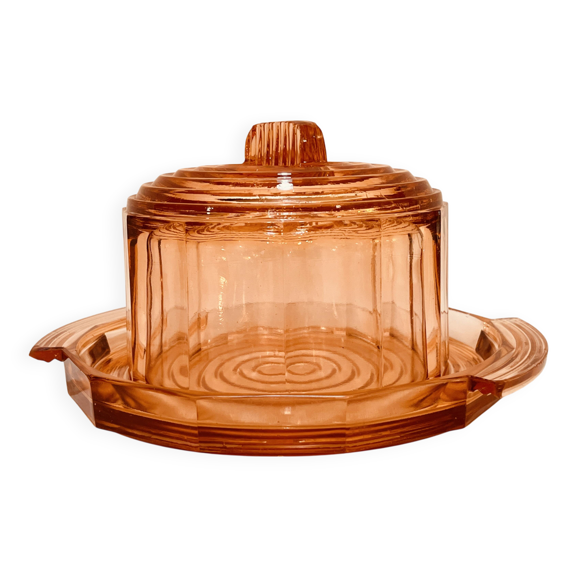 Rosaline pink glass bell and 1930s Art Deco cheesecake tray