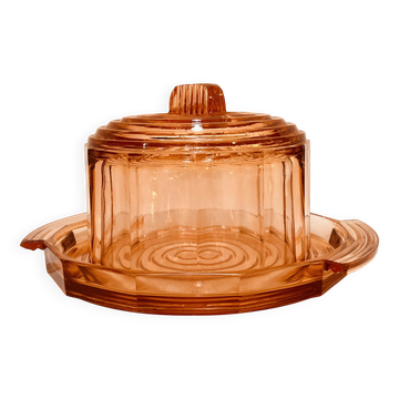 cloche en verre rose rosaline et plateau Art Déco 1930s gâteau fromage