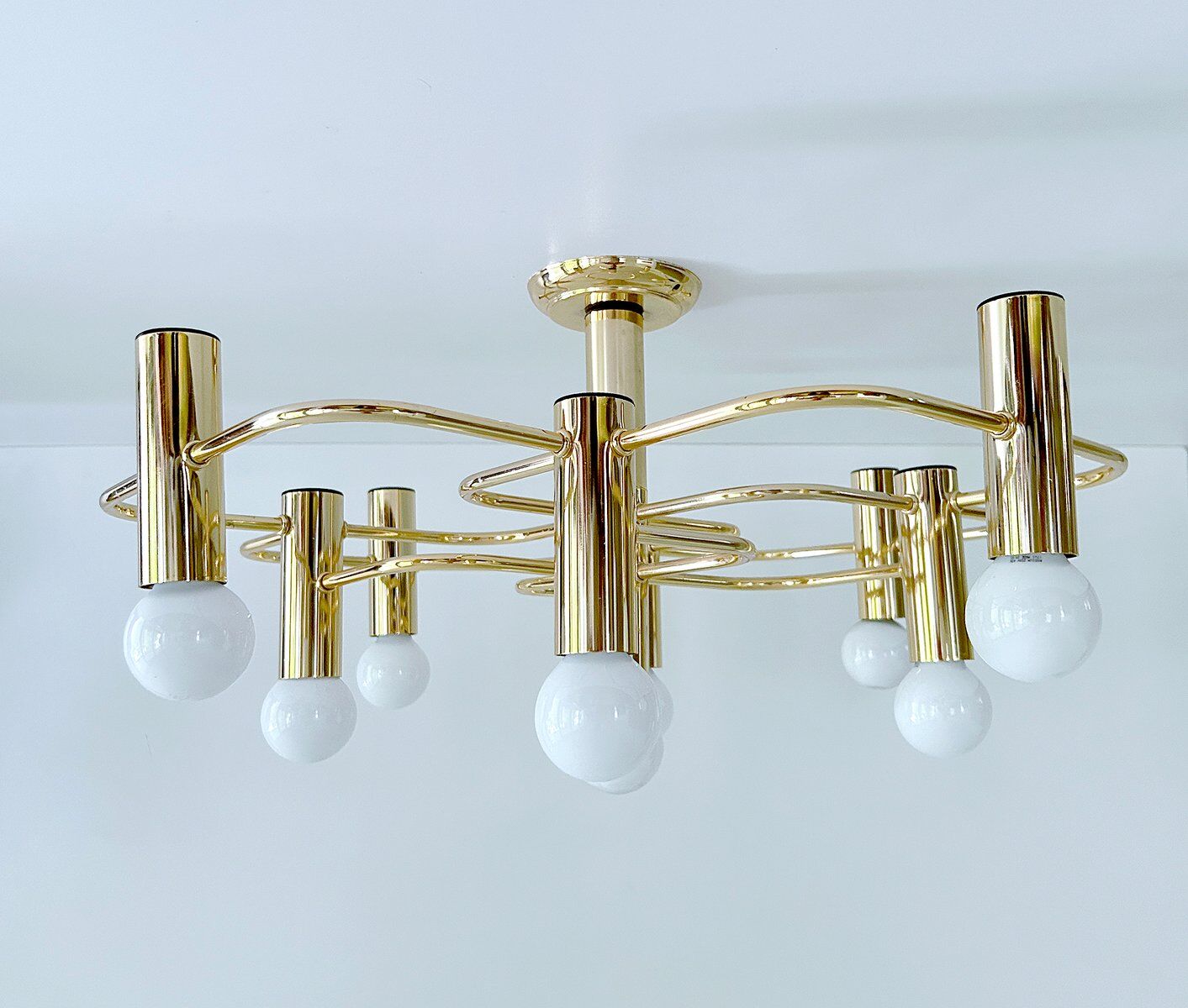 Large Space Age gilded ceiling light from Leola