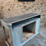 Antique oak counter with zinc top and blue patina