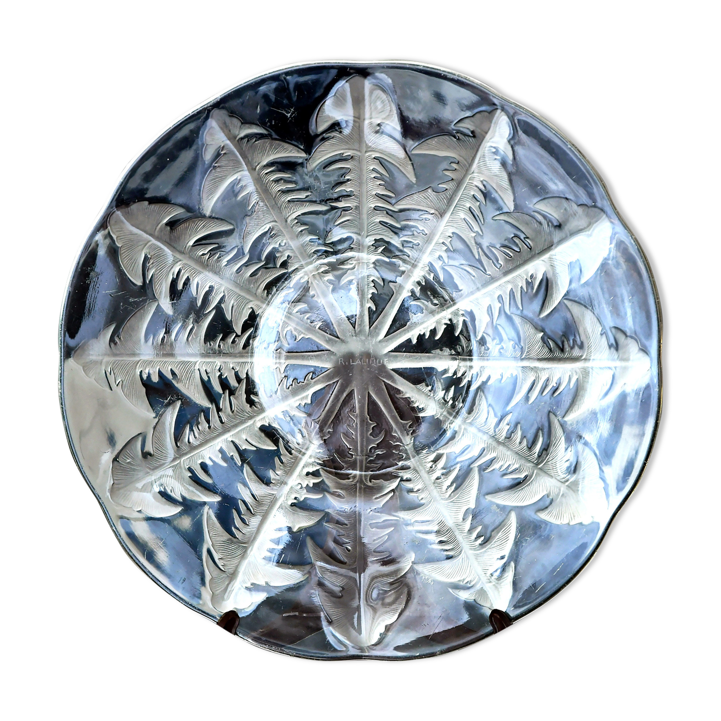 Dish by René Lalique, model "Dandelions", in patinated glass