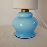 Lamp with blue opaline feet and textured conical lampshade 60s-70s