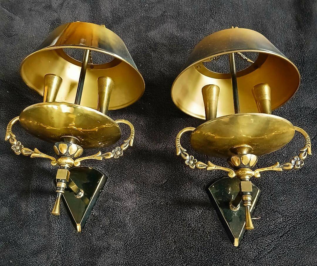 Empire bouillotte lamp wall sconces in tole and gilded bronze