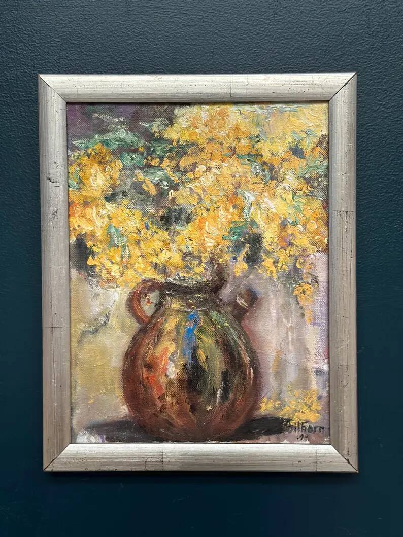 Original Swedish Oil on Canvas – “Vessel with Mimosa” by Monica Gilhorn – Signed – Vintage & Framed – 40 × 31.5 cm (15.7" × 12.4")