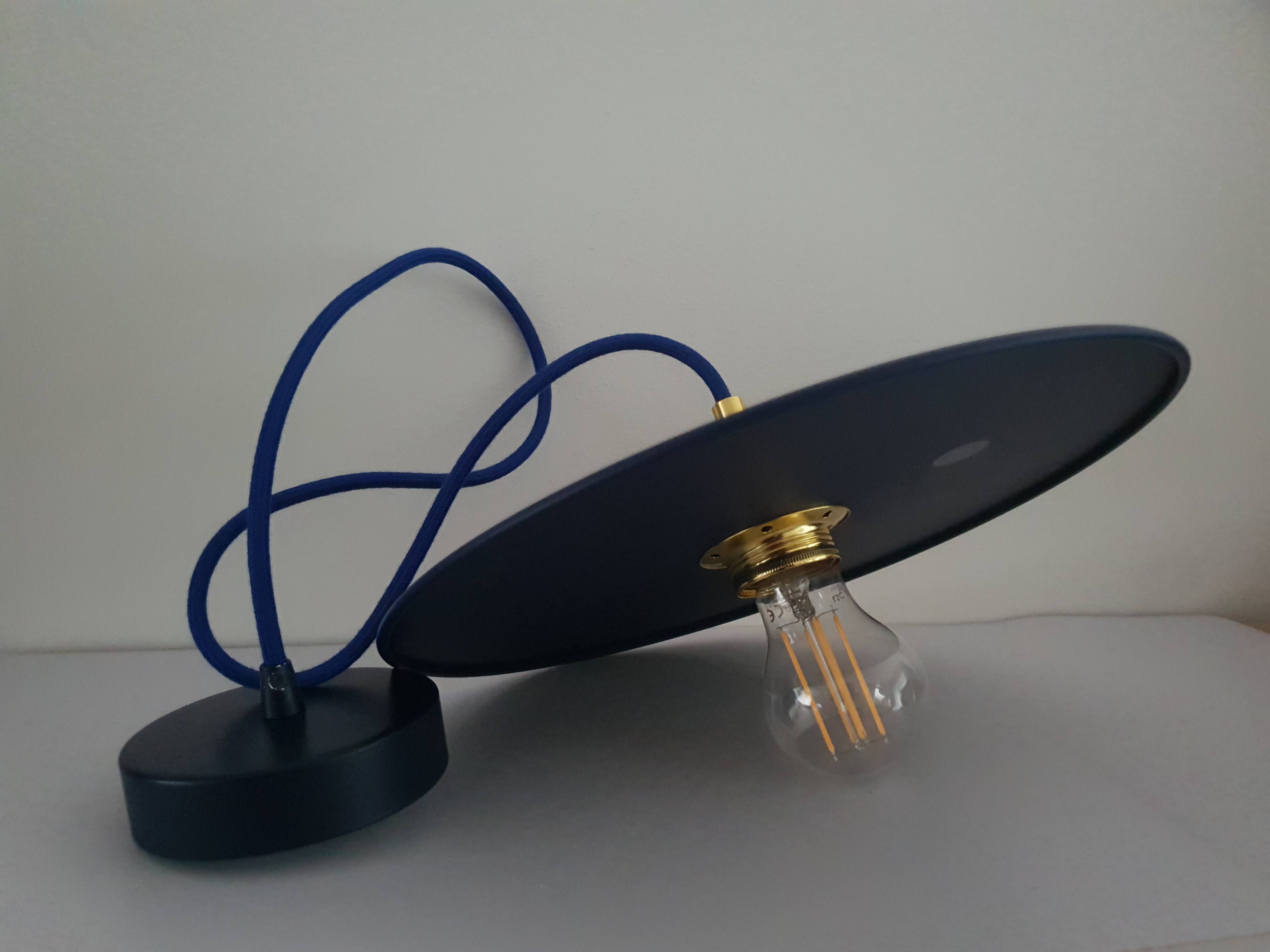 Midnight blue painted metal disc pendant light - blue textile cable