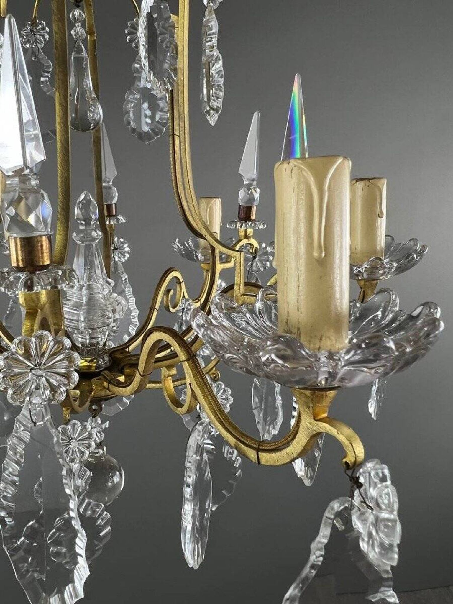 Lustre En Laiton Et Cristal, XXe Siècle