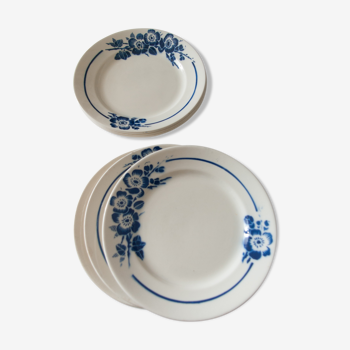 Assiettes plates anciennes, décor bleu, "Eglantines"