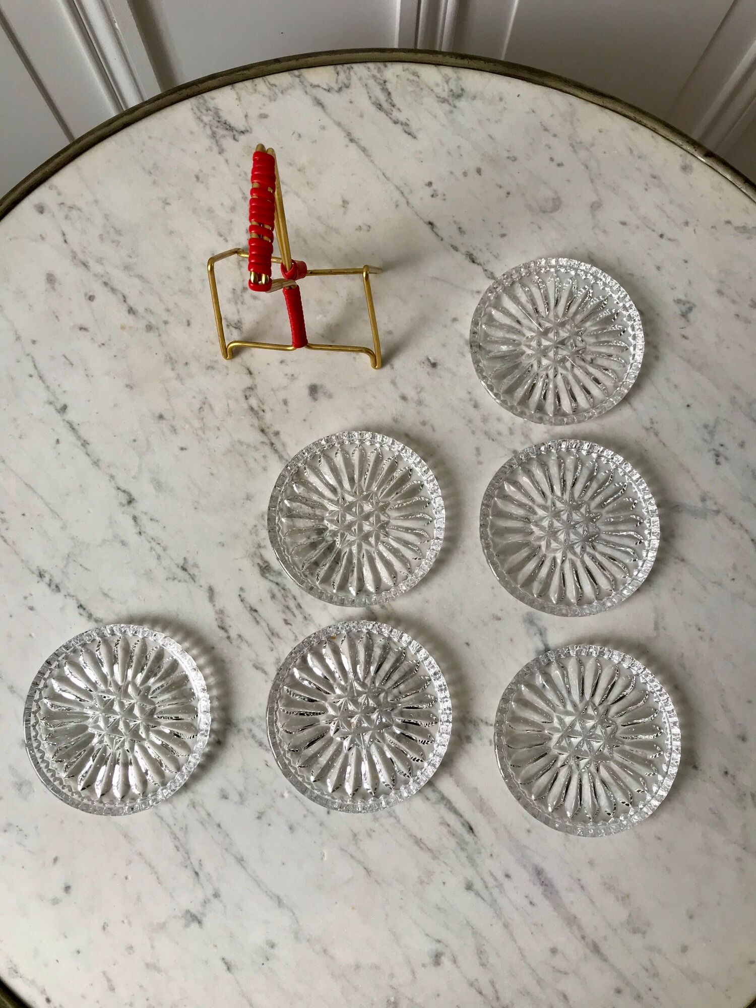 Set of 6 crystal coasters support brass scoubidou years 50-60