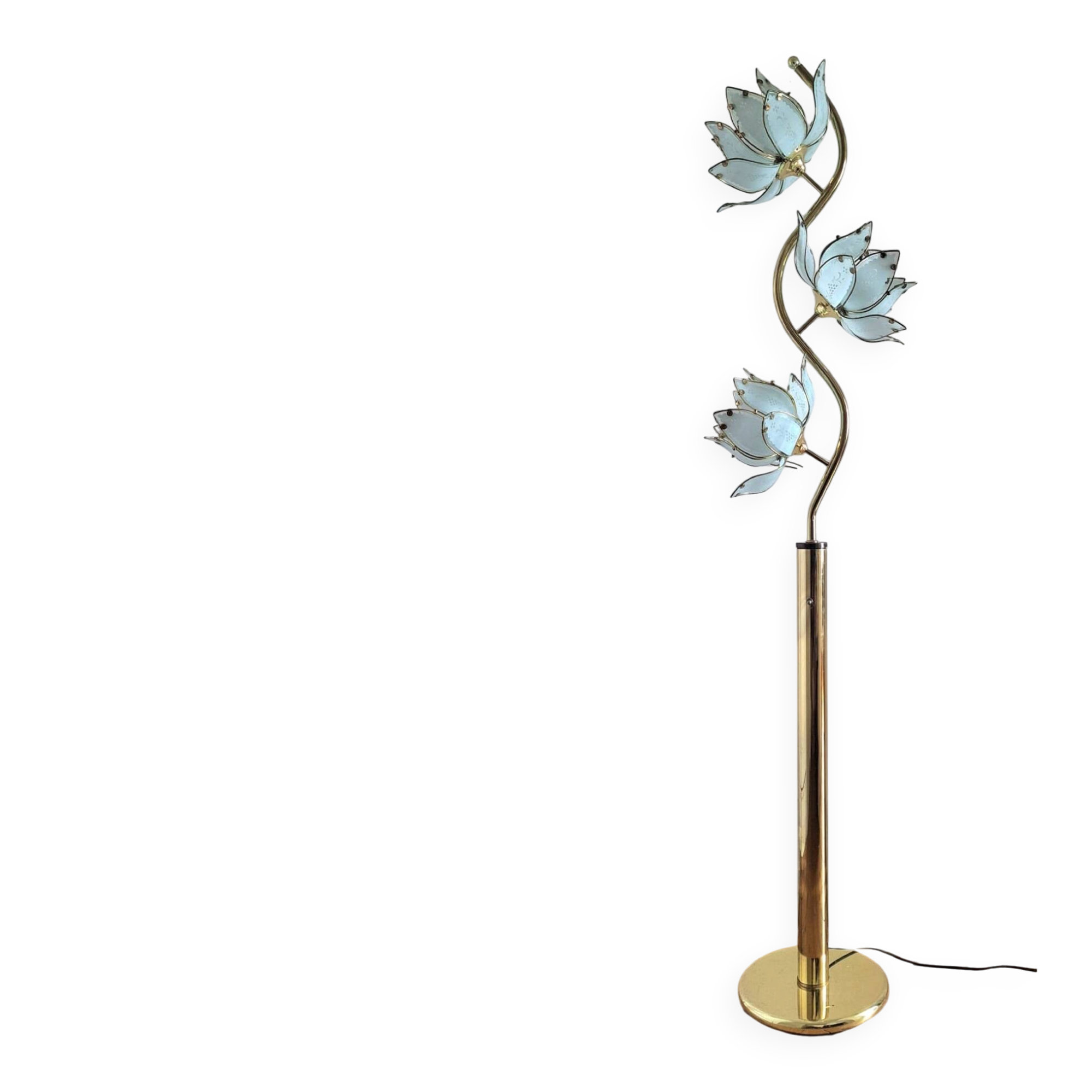 Vintage gold lotus flower floor lamp, Italian design light fixture with 3 lights.