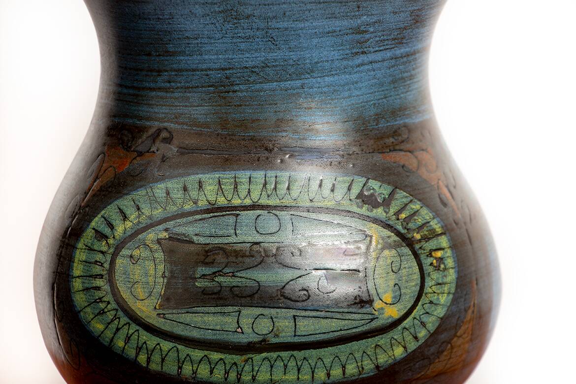 Vallauris, Modernist Vase, blue glazed ceramic, Jean de Lespinasse.