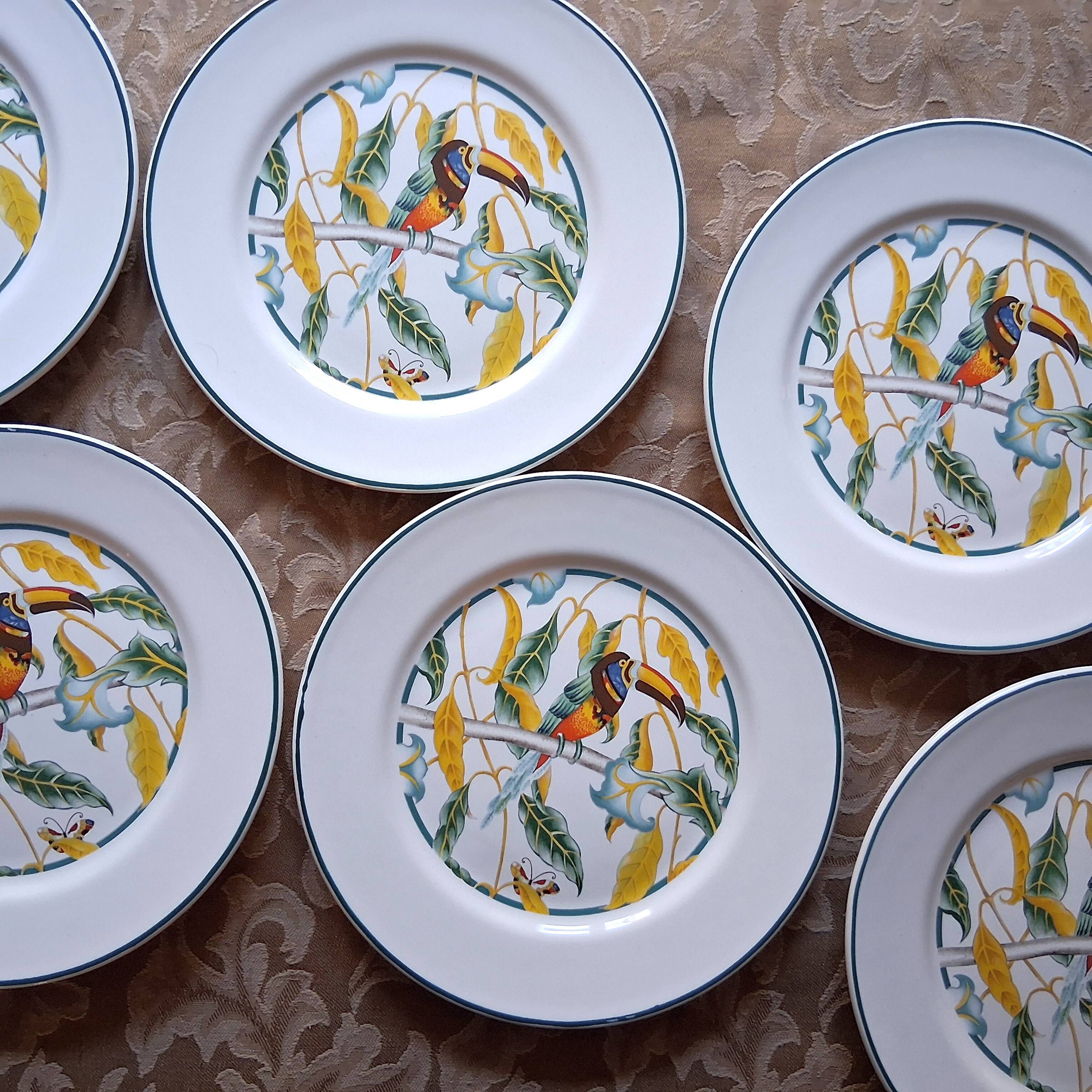 6 antique dessert plates with Toucan decor