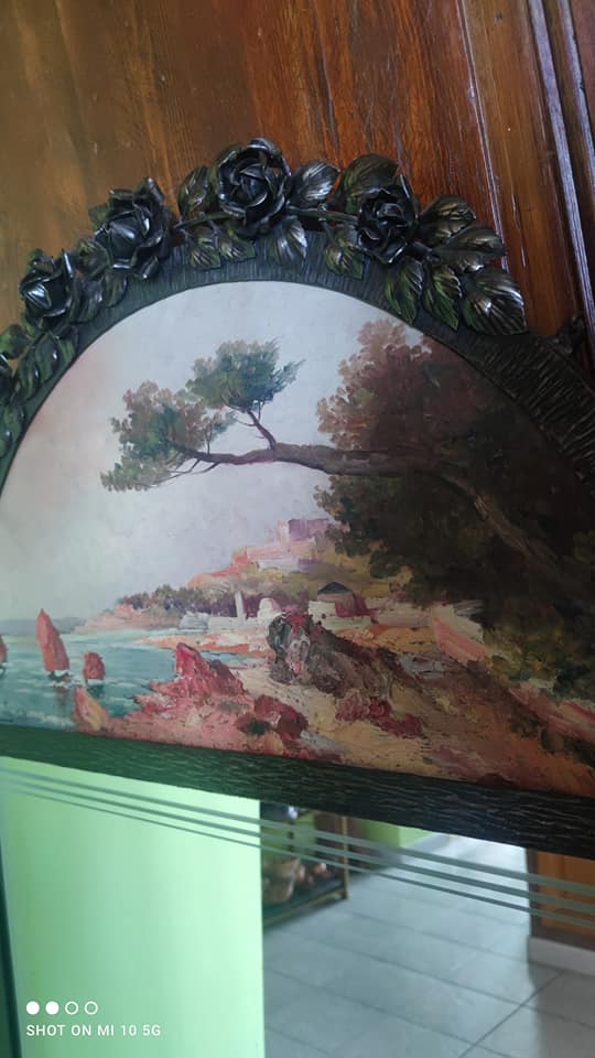 Overmantel mirror from the decorative arts period, 1929, in hammered wrought iron, 75x160cm