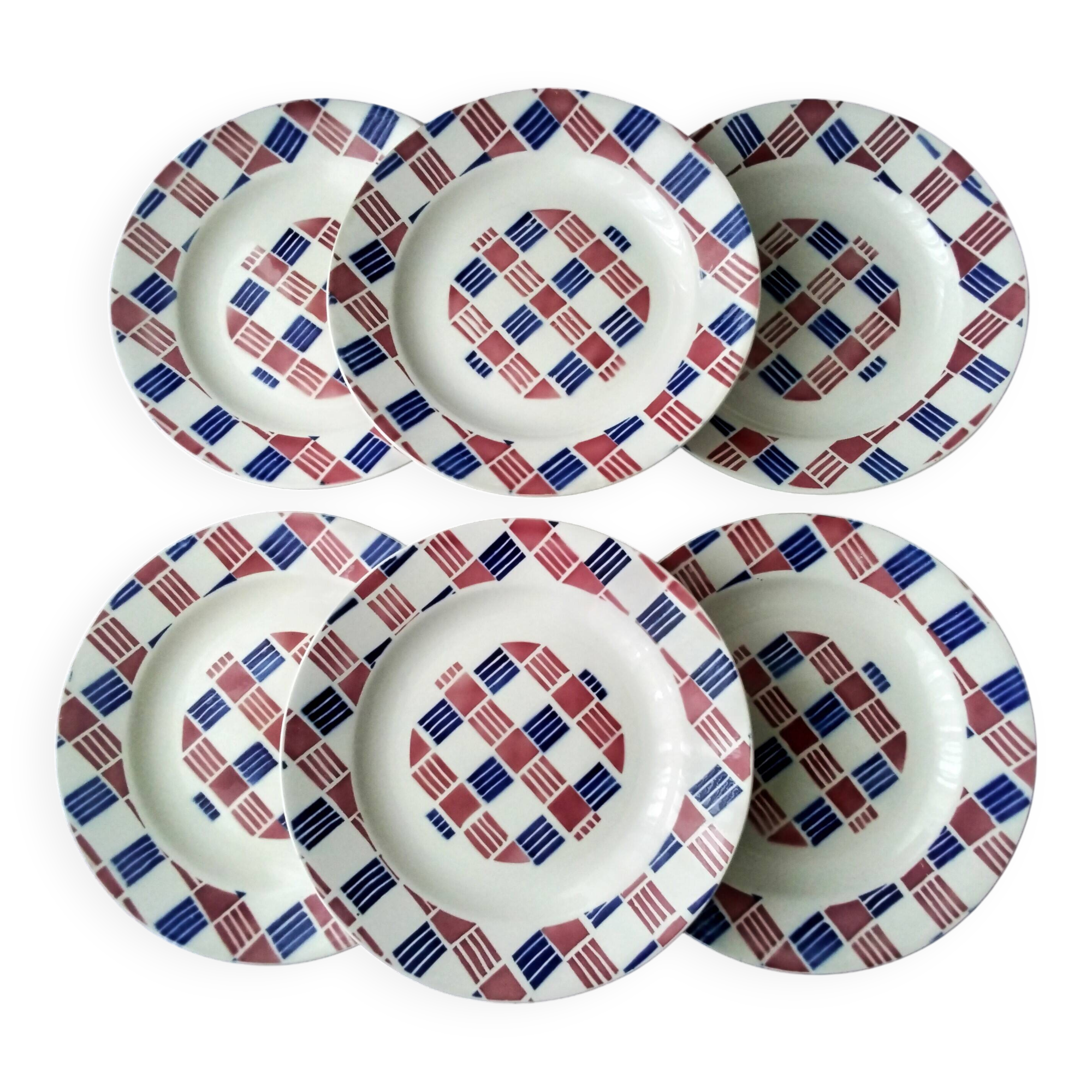 6 flat plates in Saint Amand earthenware Art Deco style