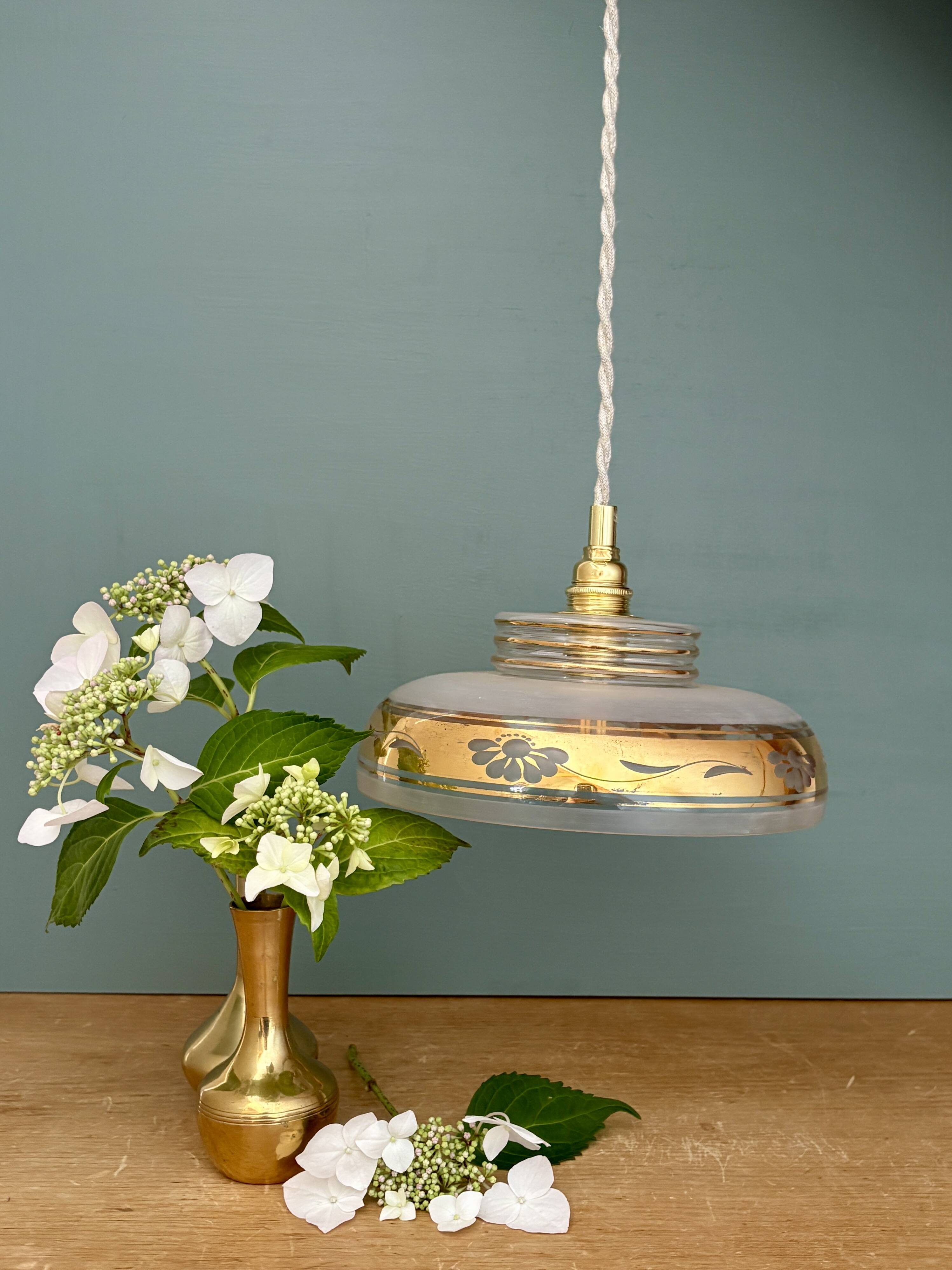 Vintage frosted glass pendant lampshade with gold frieze