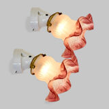 Pair of porcelain wall lights with pink glass tulips, Art Deco.